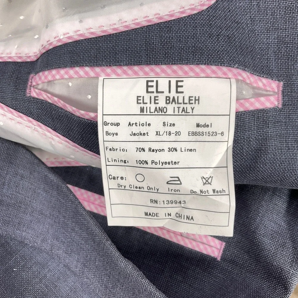 Elie Balleh Blazer Boys XL/18-20 Blue‎ Linen White Elbow Patch Academia Italian